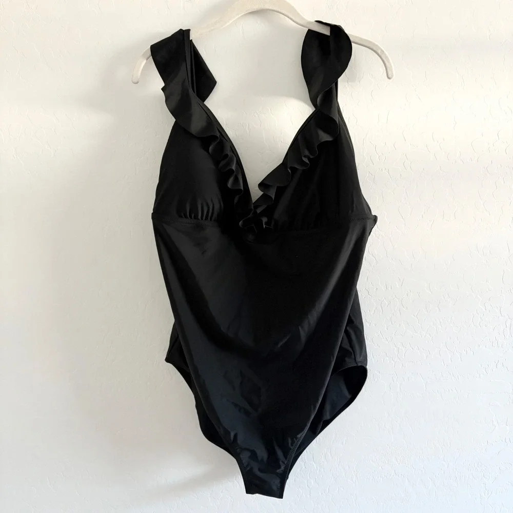 NWT J Crew XXL Black Ruffle One Piece Swimsuit Adjustable Straps
